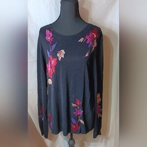 Daniel Rainn Lyna Women's XL Black Floral Print Crewneck Pullover Knit Sweater